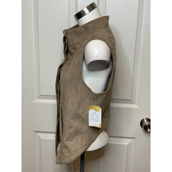 BCBG Max Azria Khaki Brown Faux Suede Asymmetrical Button-Up Vest, Size M - Picture 4 of 9